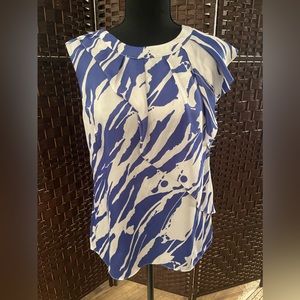 Women’s Michael Kors Sleeveless Blue & White Bold Print Ruffled Pleated Blouse